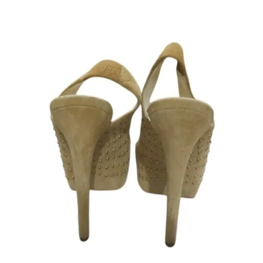 BRIAN ATWOOD Taupe Tan Suede Leather Studded Platform Slingback Peep Toe Pumps